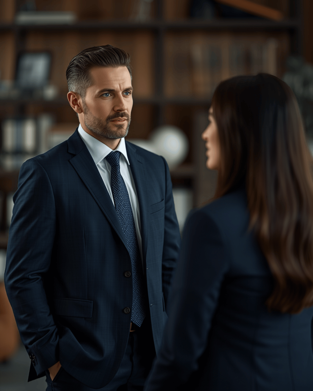 A manager and employee in a focused one-on-one conversation reviewing performance expectations in a professional office setting