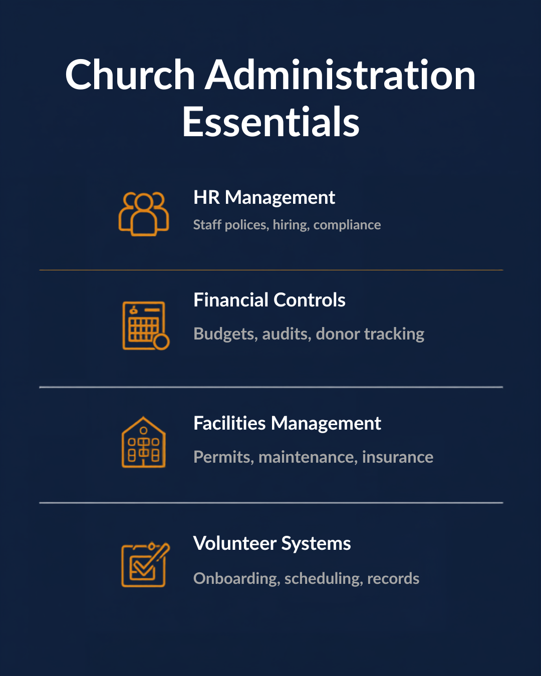 Church administration essentials infographic showing HR, financial controls, facilities management, and volunteer systems