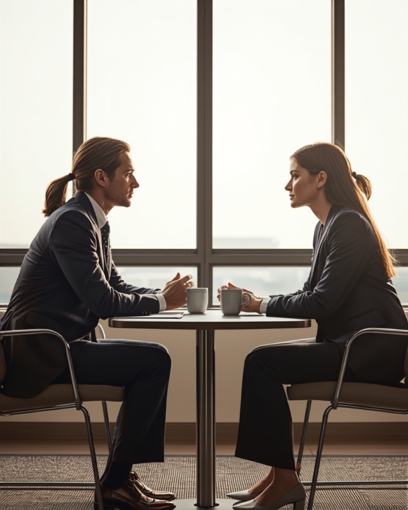 Supervisor and employee in a focused one-on-one professional conversation demonstrating active listening and clear communication skills in a modern workplace