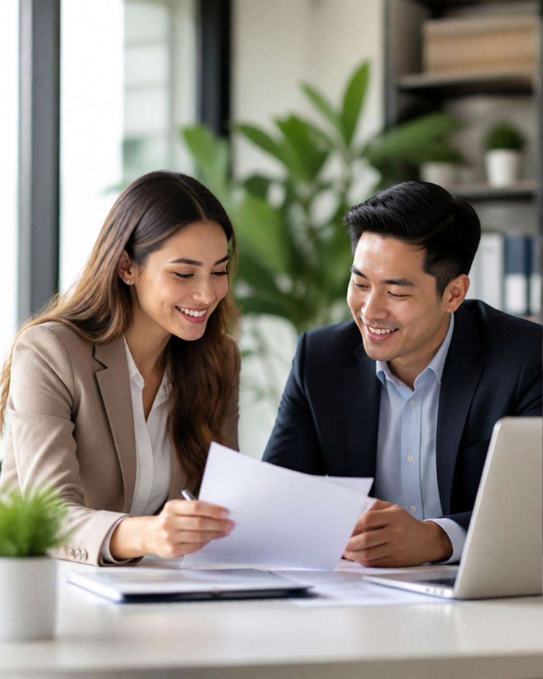 HR manager and new employee reviewing onboarding materials together at a desk in a professional office